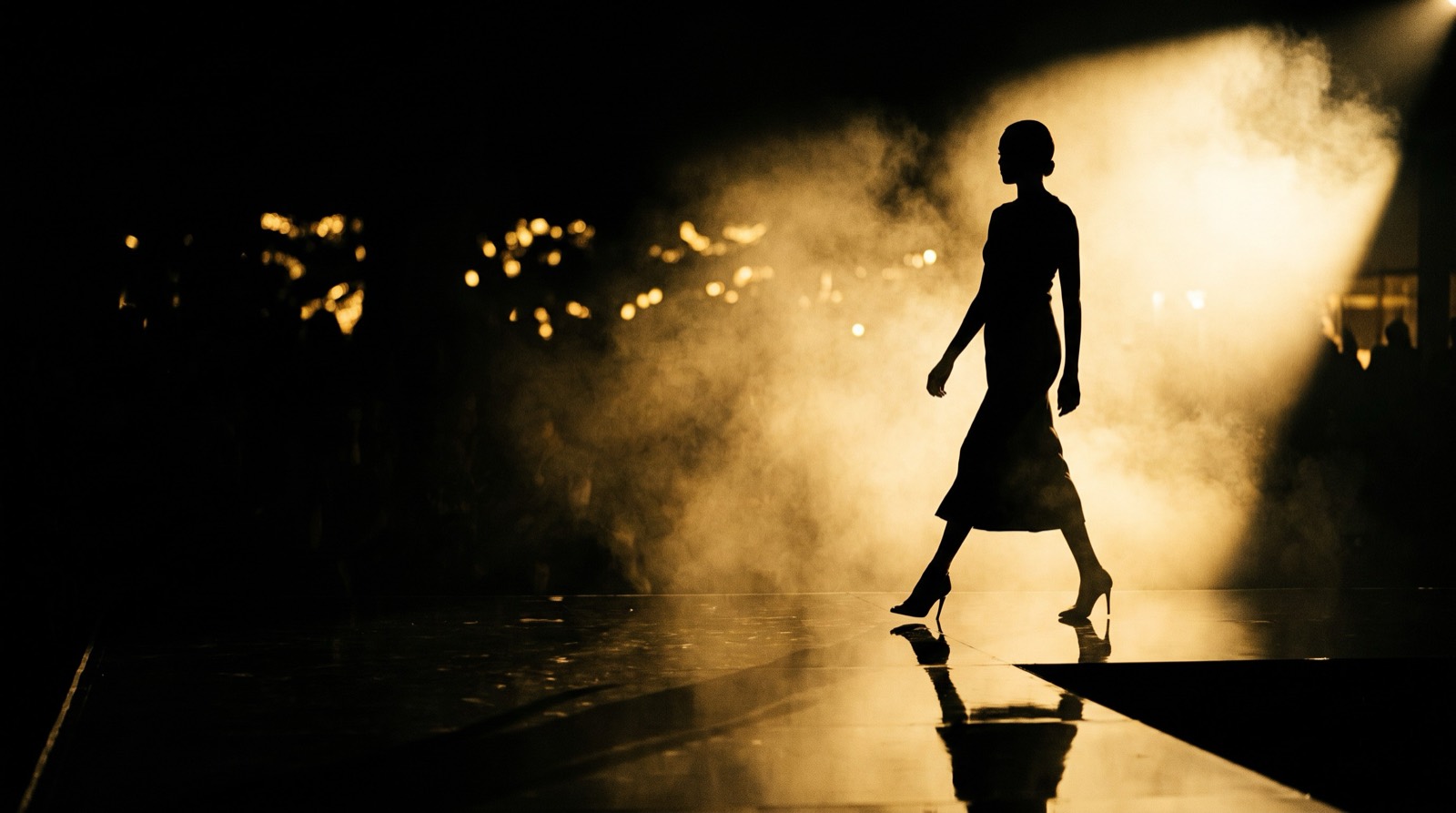 Silhouette of a model walking the runway under golden light